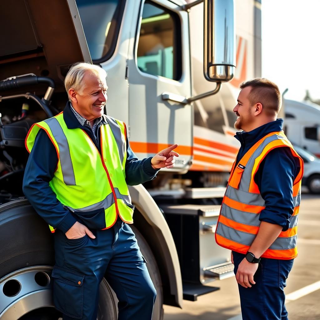 CDL instructor guiding a prospective student during truck inspection training